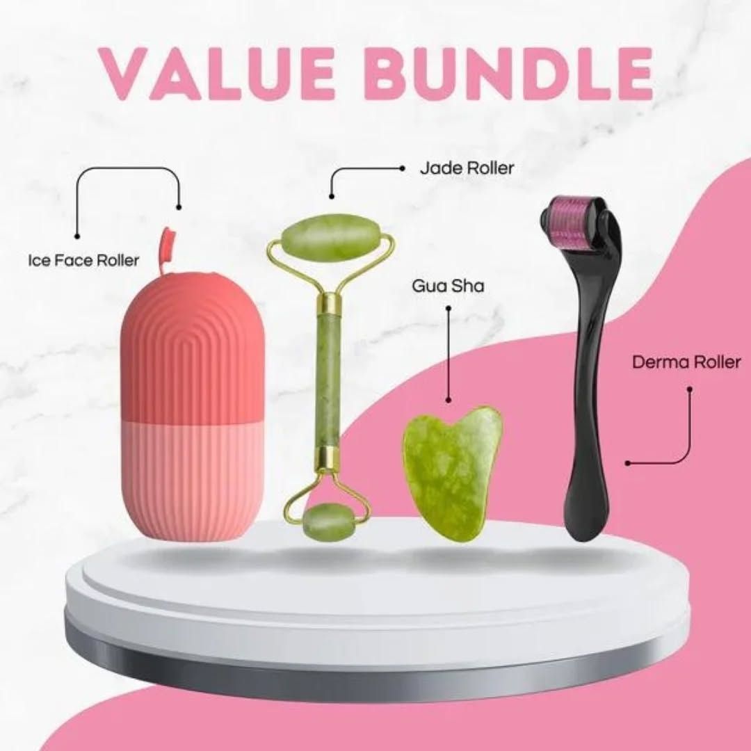 3-in-1 Face Roller Combo Pack – Marble Jade Roller, Ice Roller & Derma Roller | Skin Tightening, Anti-Aging, and Glow Enhancing Facial Massager Set