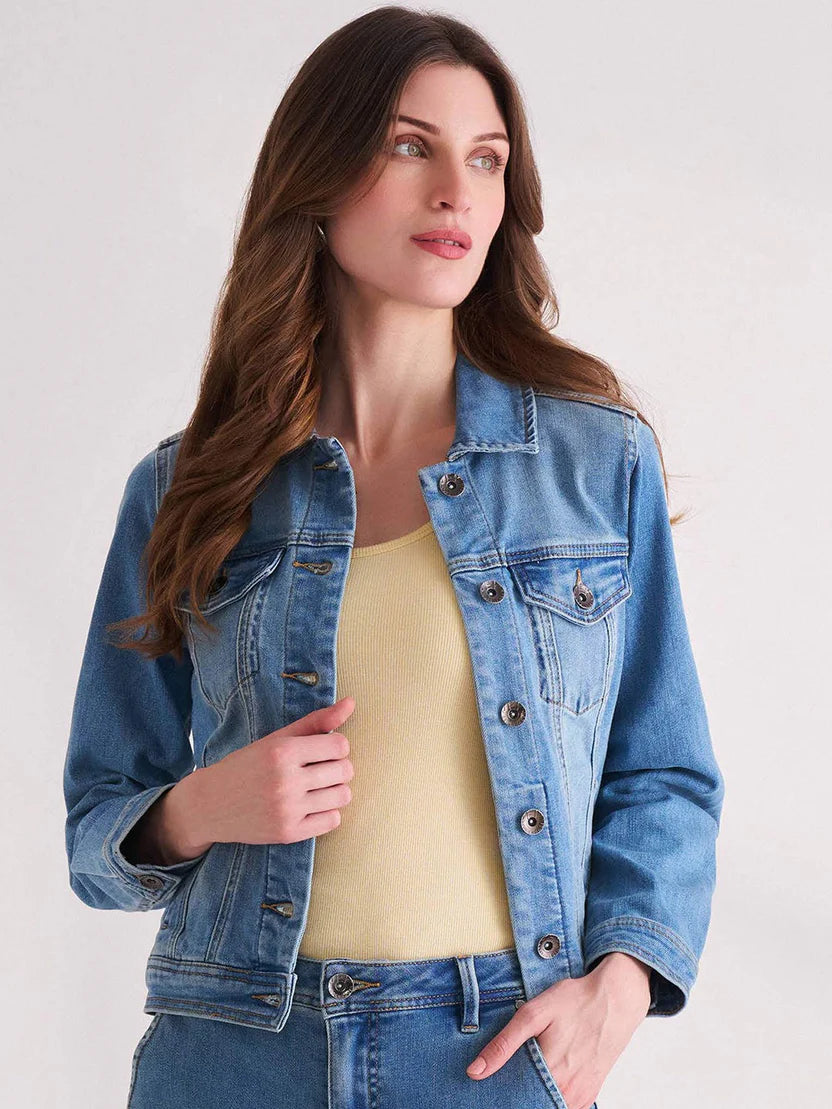 Embrace Effortless Style with the Women’s Light Blue Washed Spread Collar Denim Jacket