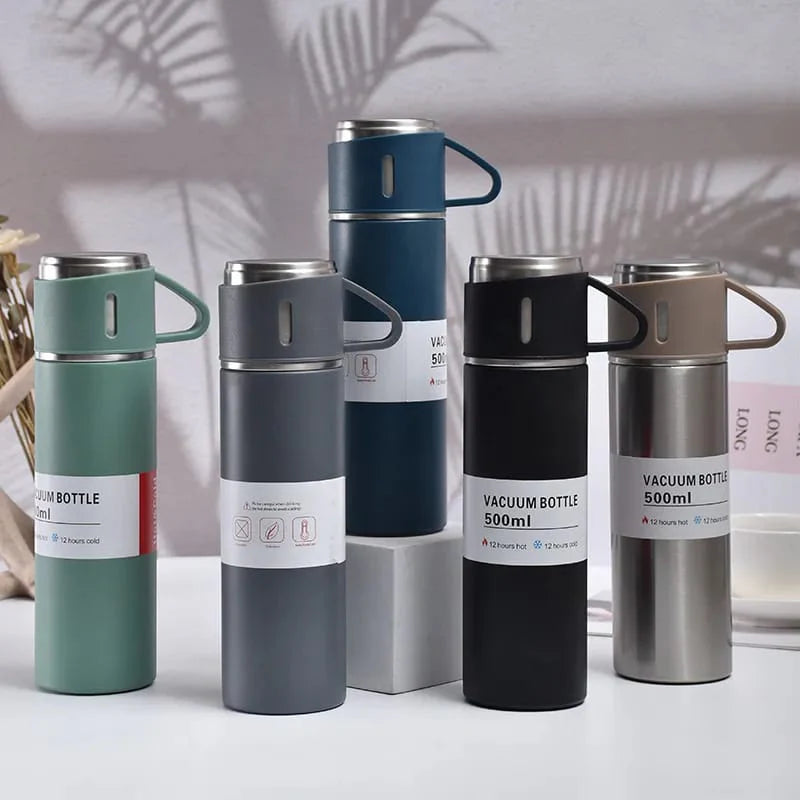500ML 304 Stainless Steel Vacuum Insulated Bottle Gift Set Office Business Style Coffee Mug Thermos Bottle Portable Flask 2x Extra Cup Travel Kit Perfect Gift