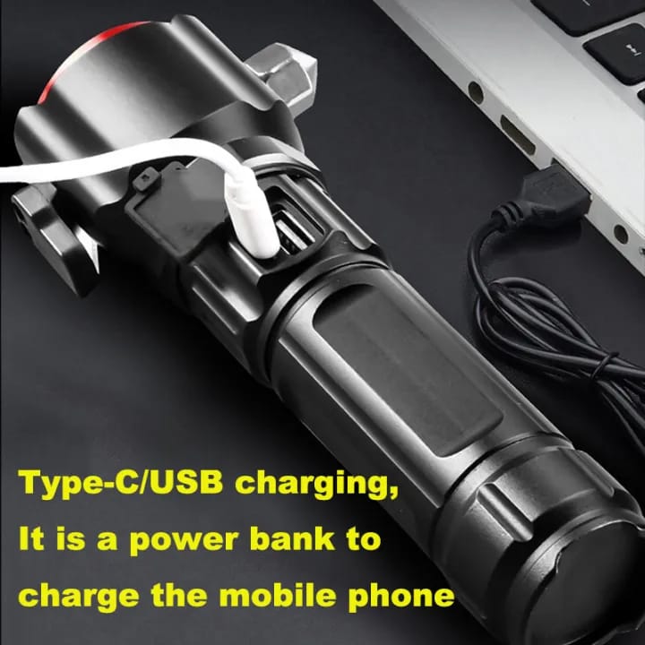Emergency Torch Flashlight With Hammer And Power Bank Steel Body Multifunctional
