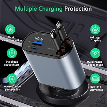 Compro Retractable Car Charger 4-in-1 Fast Car Phone Charger USB Car Charger Adapter for IPhone and Type C
