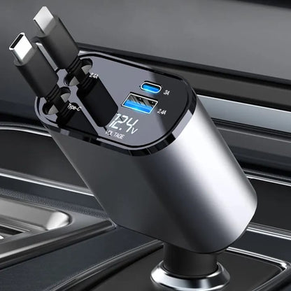 Compro Retractable Car Charger 4-in-1 Fast Car Phone Charger USB Car Charger Adapter for IPhone and Type C