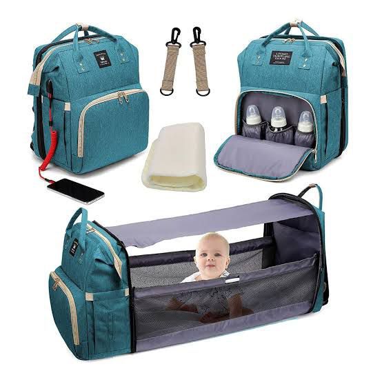 Baby Bag & Convertible Travel Bed (Backpack, Mattress, Hook Belts)