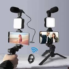 Mobile Phone Vlogging Kit With Tripod Stand 3.5mm Plug And Play Microphone Led Light Adjustable Mobile Holder Wireless Bluetooth Remote For TikTok YouTube Videos